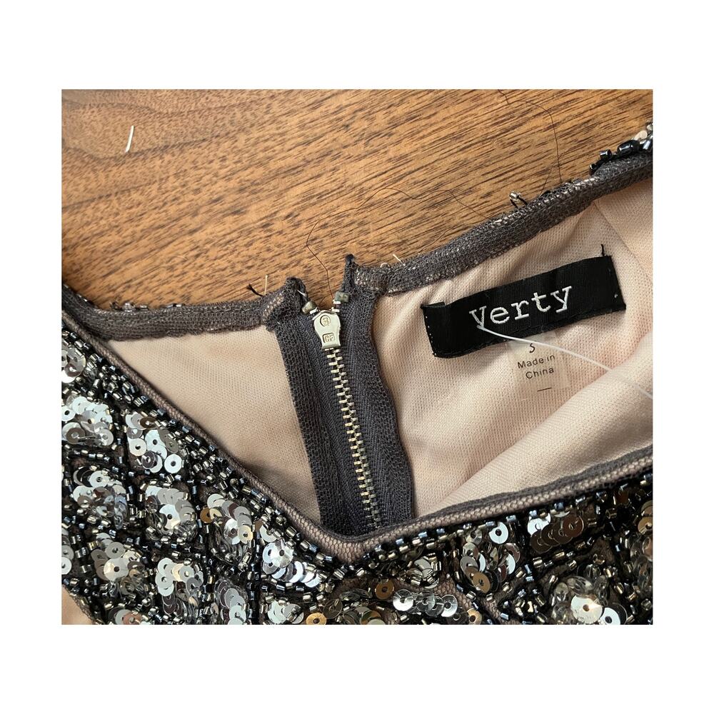 Verty Sequin Cocktail Dress Small Black Silver Nude‎ Mesh Illusion Party - Picture 7 of 11